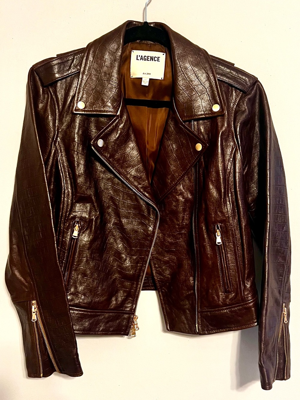 L'AGENCE Dark Brown Croc-Embossed Lambskin Leather Moto Jacket Gold Hardware - L